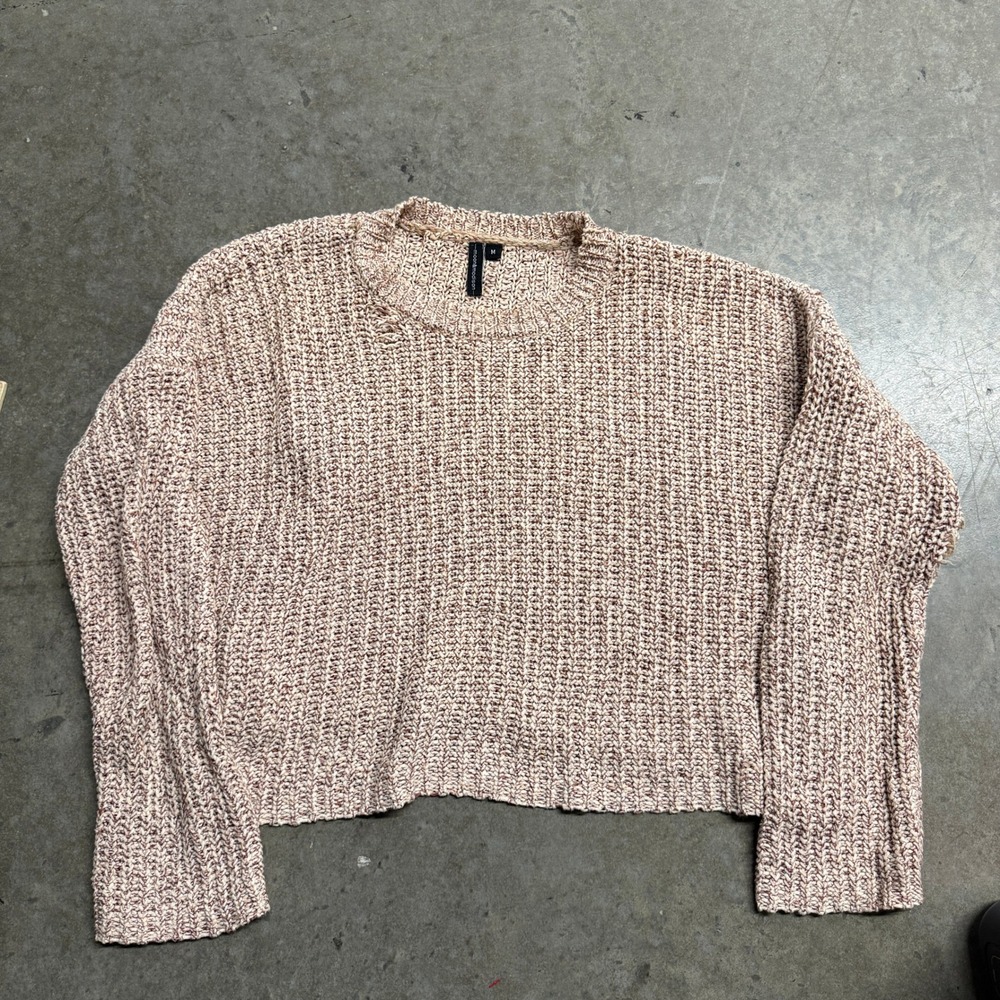 Moon & Madison Womens Marled Chunky Knit‎ Cropped Sweater Tan Burgundy Size M